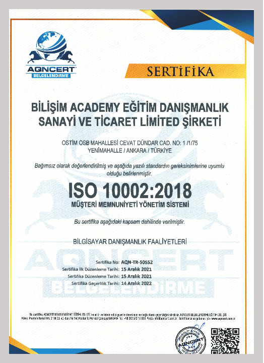 Bilişim Academy Eğitim Danışmanlık Sertifikası ISO-10002