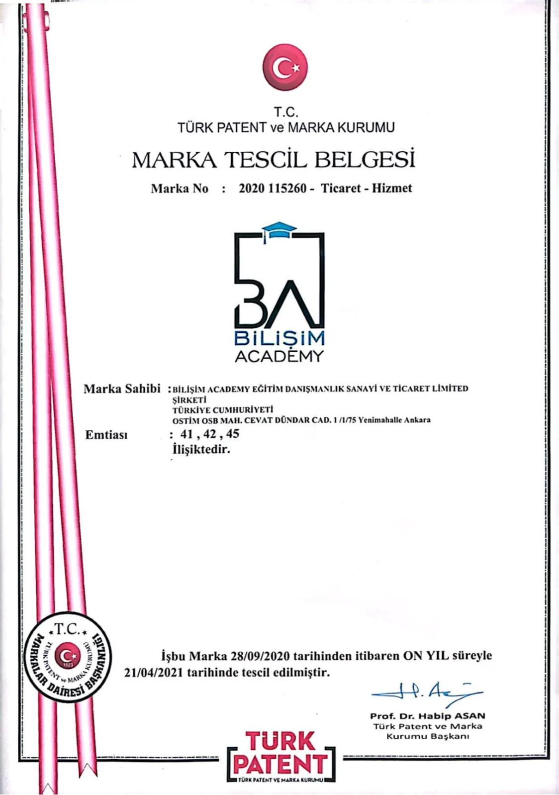 Bilişim Academy Marka Tescil Belgesi